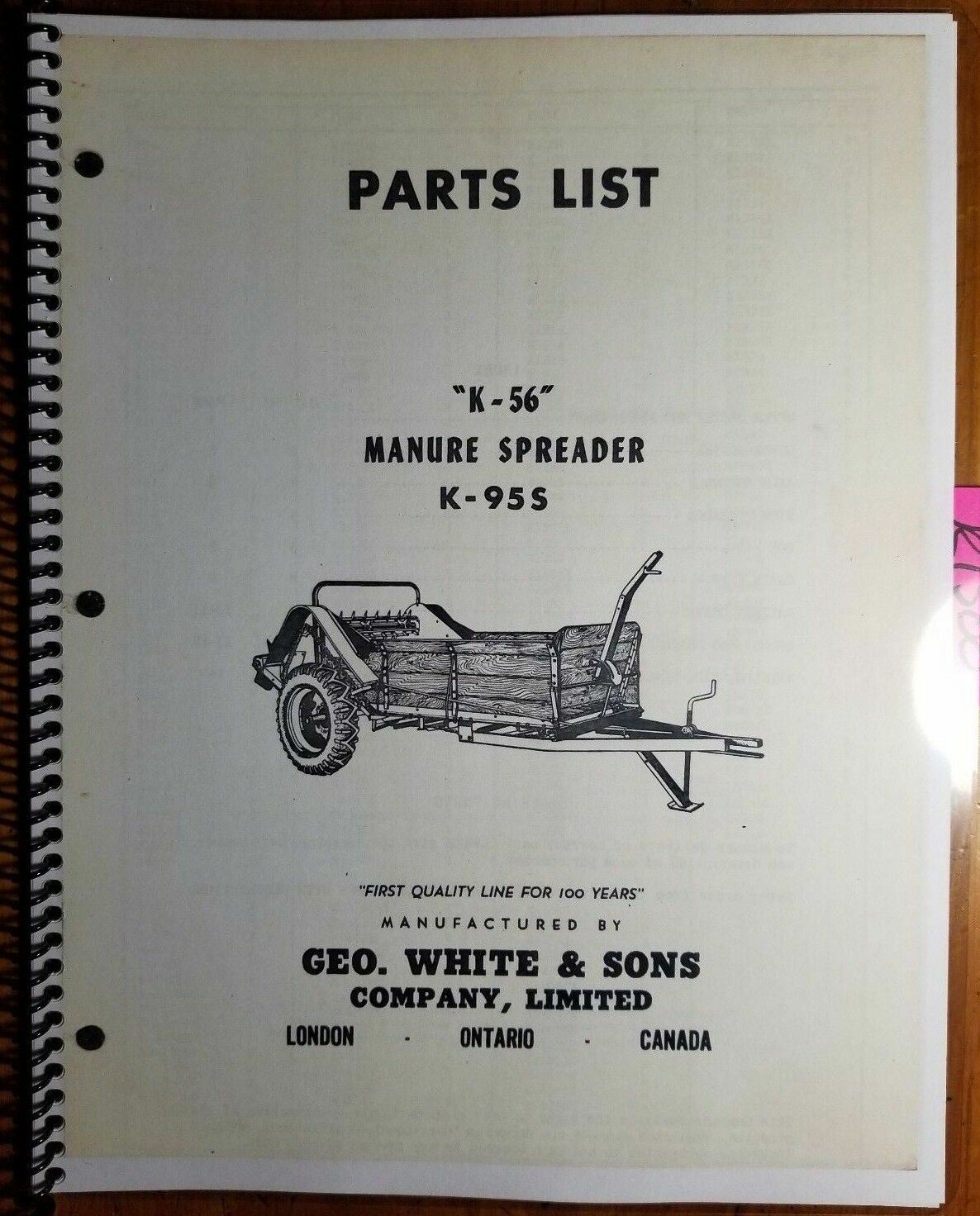 George White K-56 K-95S Manure Spreader Parts List Catalog Manual C-623N 7/56