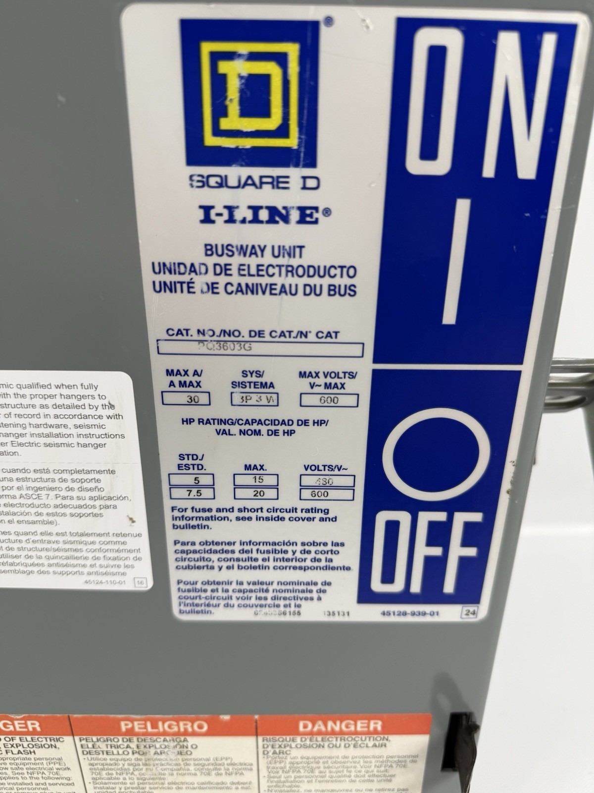 Square D I-Line PQ3603G 30 AMP 600V 3PH Fusible Busway Plug 3W, With ground, 30A