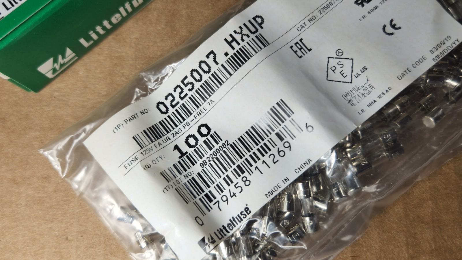 Box of 100 / Littelfuse 0225007 Fast Acting 7A 125V 2AG 5mm x 15mm 0225007.HXUP