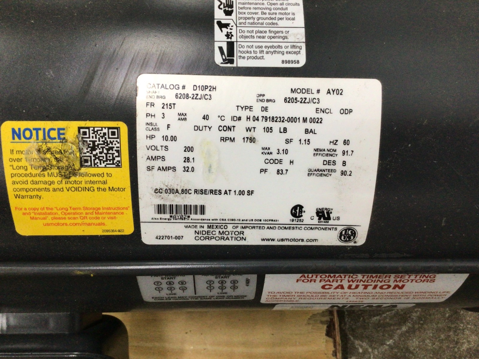 U.S. Motors D10p2d Three-Phase Metric Motor, 10 Hp, 215T Frame, 208 To 230/460