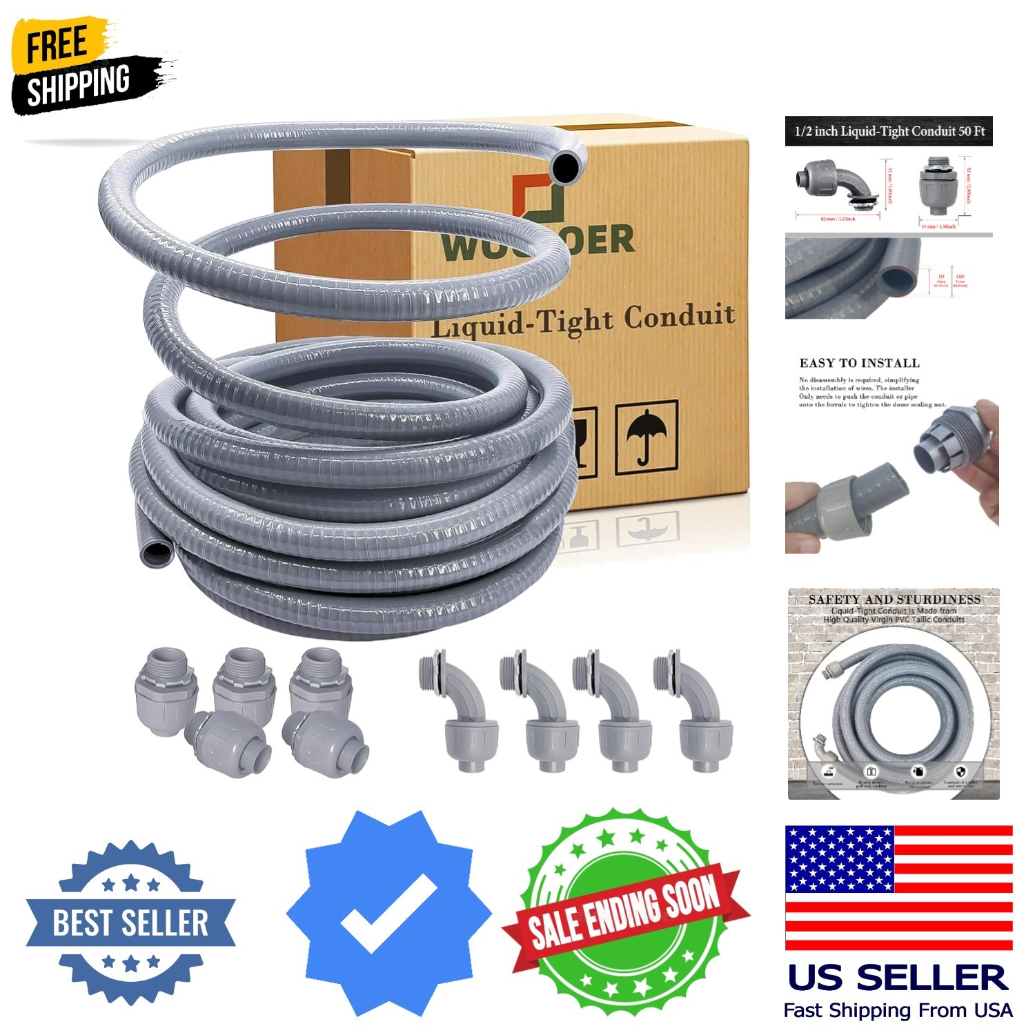 50 Foot Liquid-Tight Conduit Kit – 1/2inch Flexible Non Metallic Liquid Tight…