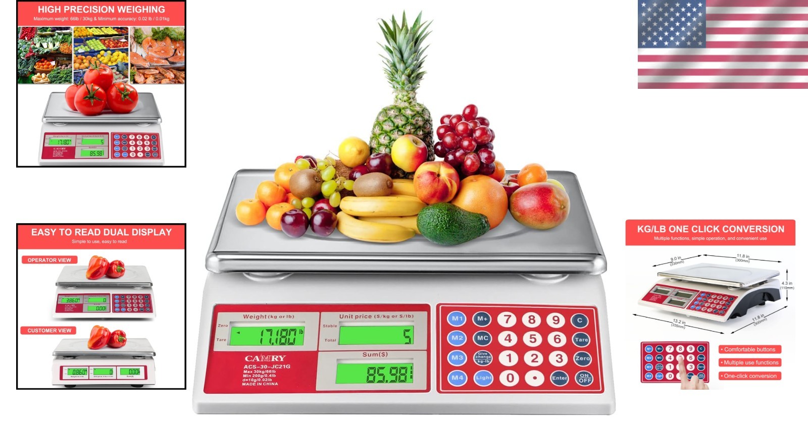 Heavy Duty Commercial Scale 66lb, Stainless Platform, Dual LCD, Battery Powered