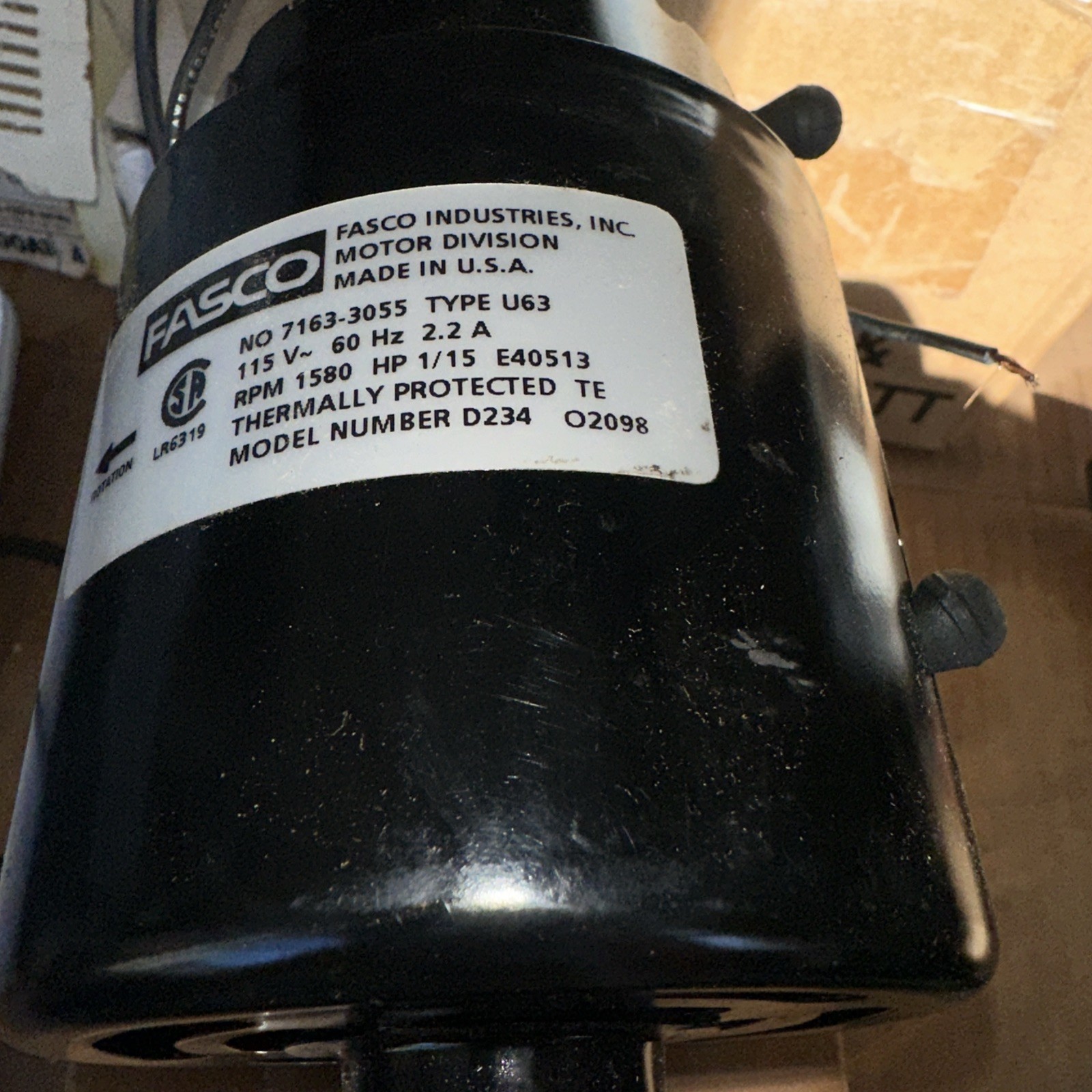FASCO D234 Self-Cooled Motor 1/15 HP 1500 RPM 115V 3.3” Frame