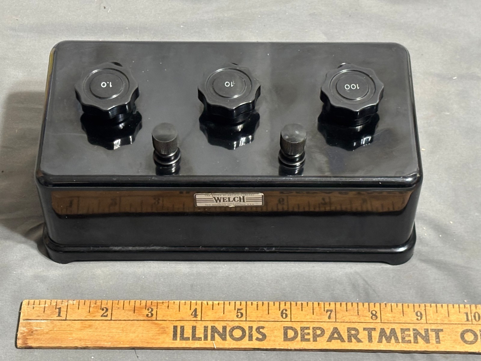 Vtg black bakelite WELCH Decade Resistance Box 0-999ohm TEACHING SCHOOL 1950s