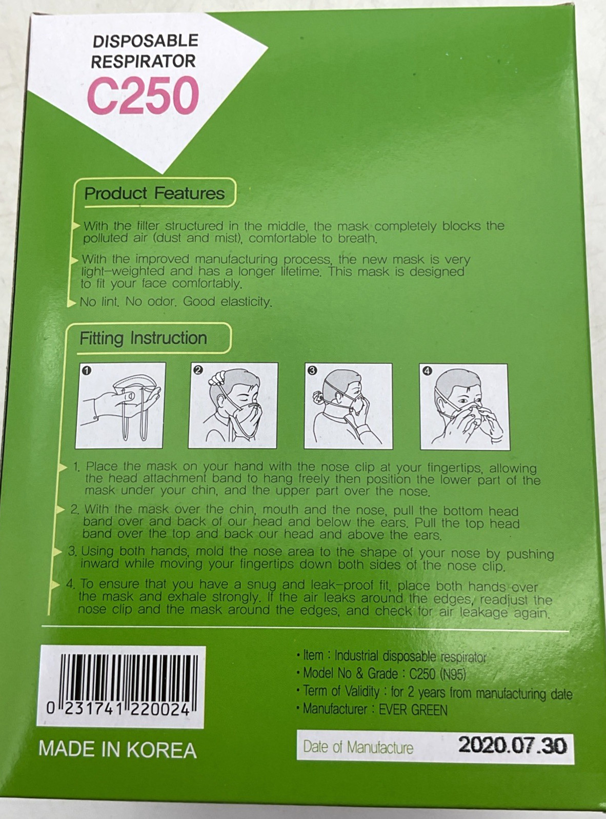 Clean Top Ever Green NIOSH N95 Particulate Respirators 1 CS/24 Boxes of 20