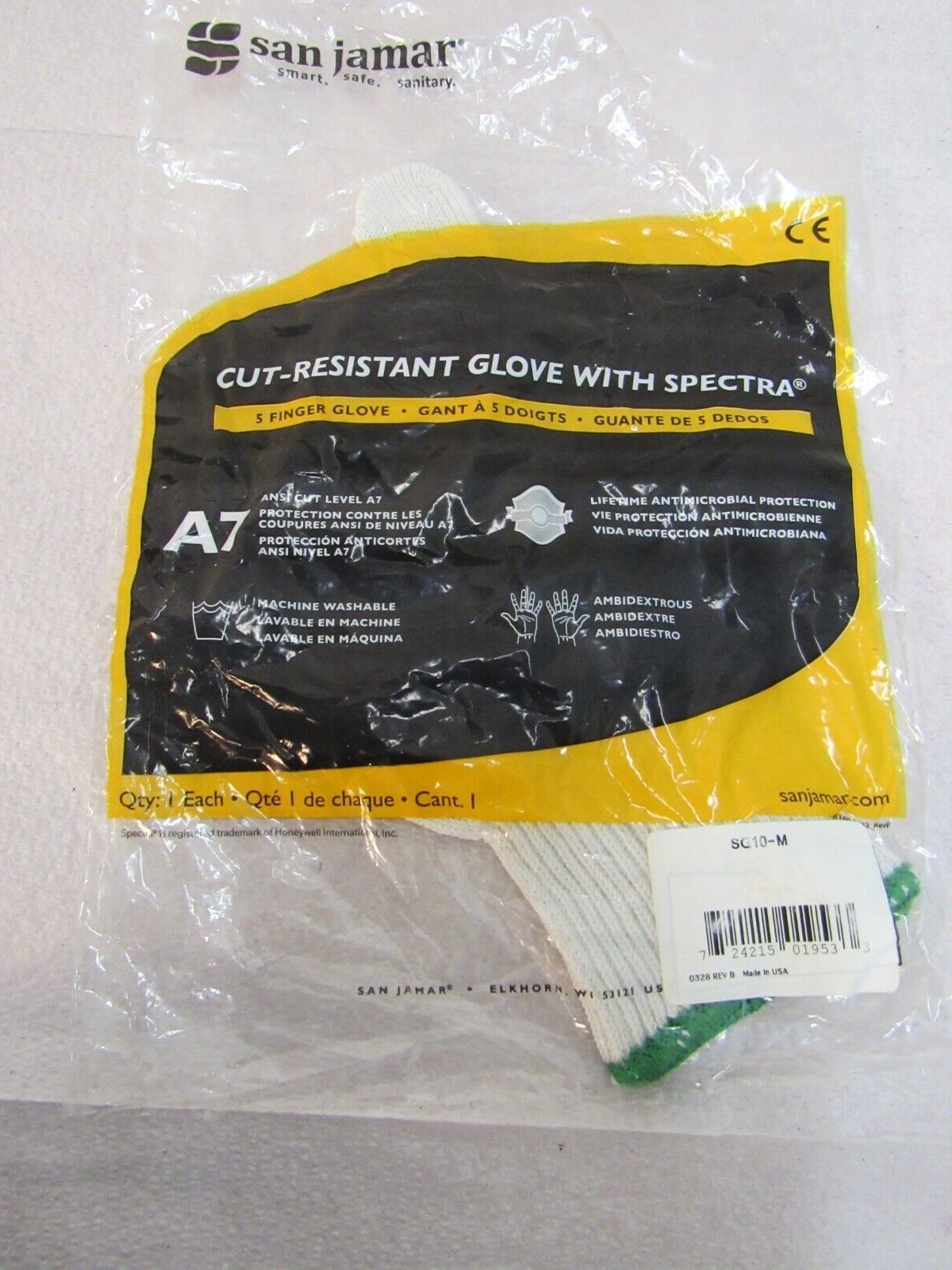 San Jamar Cut-Resistant Glove W/ Spectra A7 Ansi Cut Level Antimicrobial SG10-M