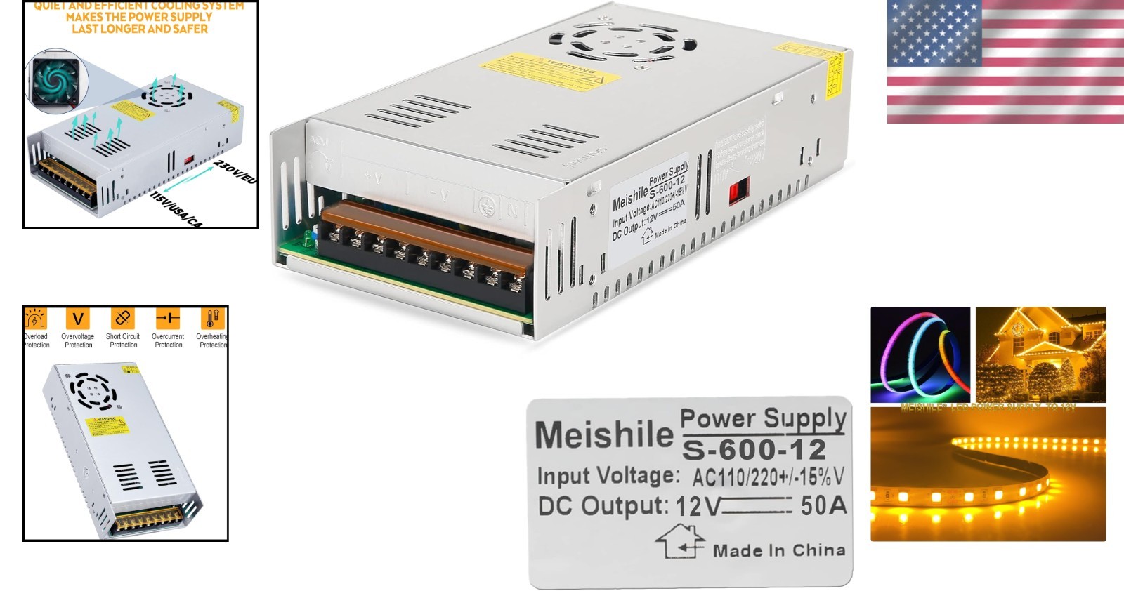 Compact 12V 50A Power Supply – 600W AC-DC Adapter for Electronics and Motors