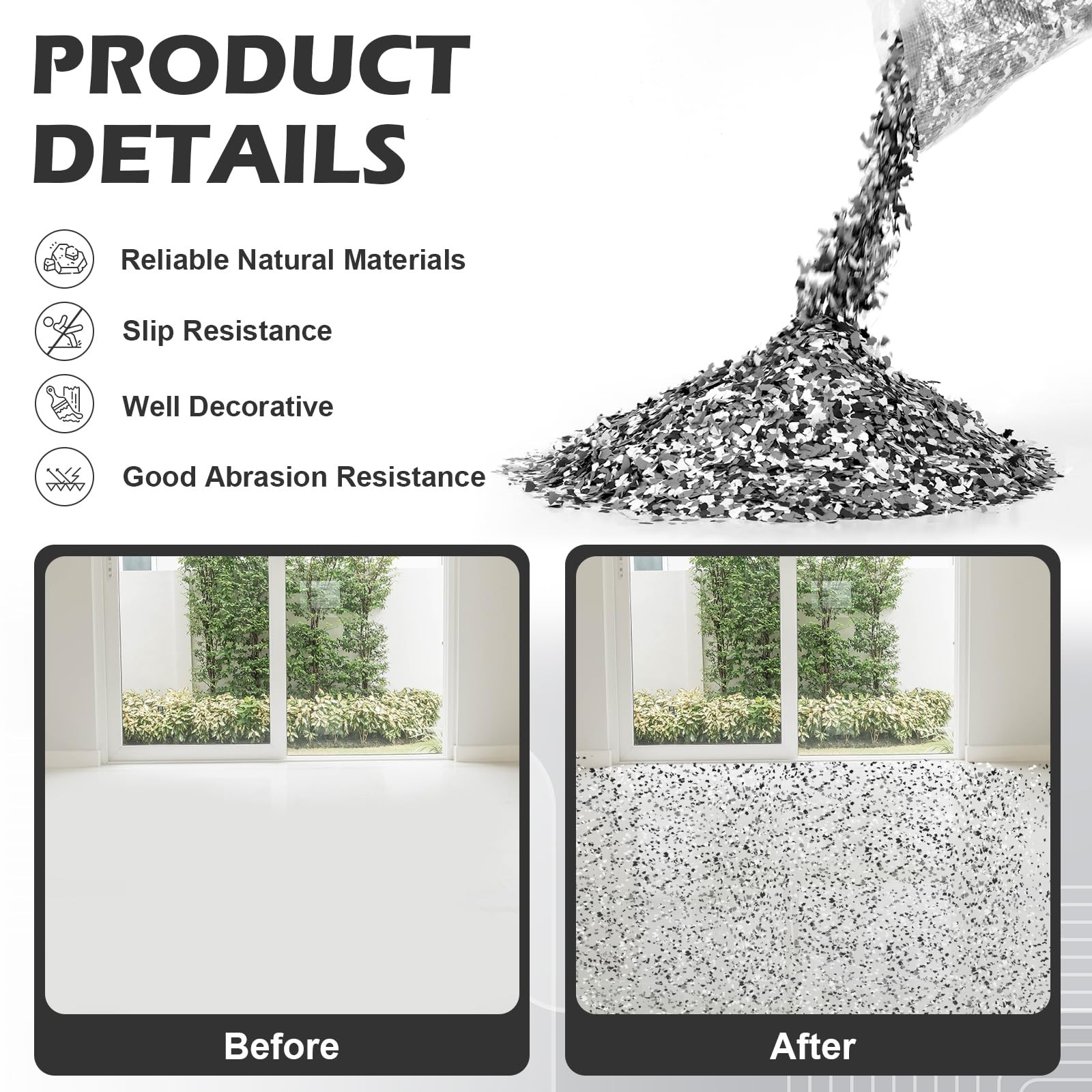 12.4lbs / 5.6 kg Epoxy Floor Flakes Black Gray 12.4 lbs, & White &