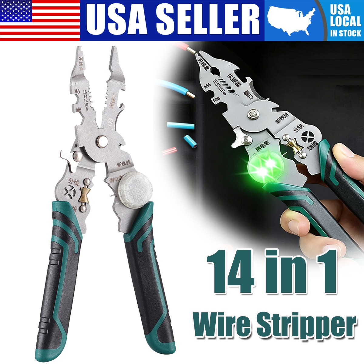 14-in-1 Foldable Wire Stripping Pliers Voltage Tester Plier Cable Cutter Crimper