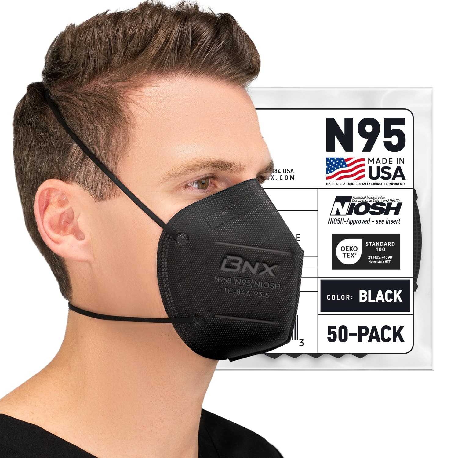 AccuMed BNX N95 Mask Black NIOSH 1 Count (Pack of 50), 50-pack