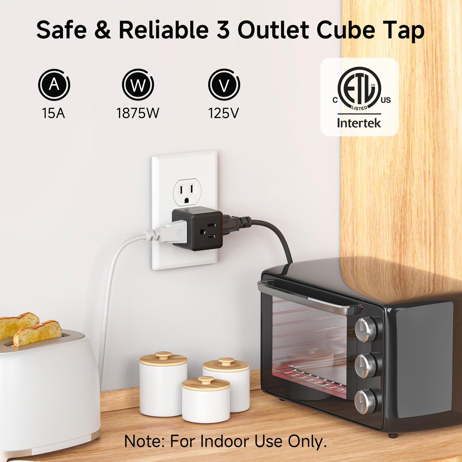 3 Pack 3 Outlet Wall Adapter Grounded Cube Power Tap Plug Splitter Black