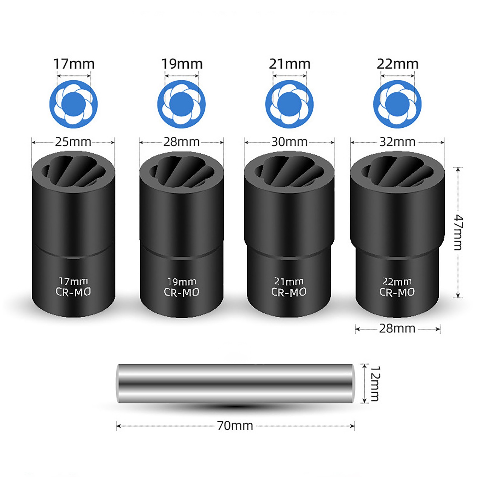 5pc Wheel Lock Removal Kit, Locking Lug Nut Removal Tool – 17MM,19MM, 21MM, 22MM