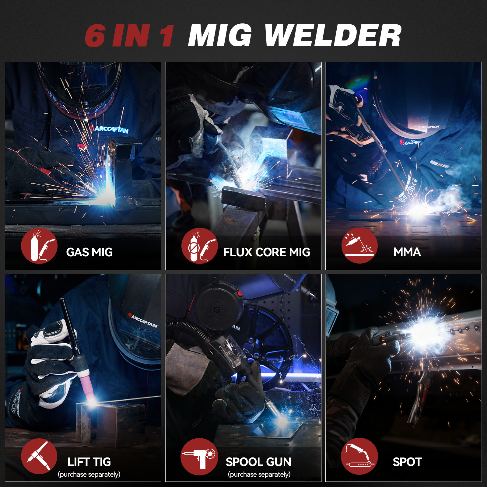 ARCCAPTAIN 200A MIG Welder Upgraded 6 IN 1 Flux Core MIG/Gas MIG/Lift TIG/Stick