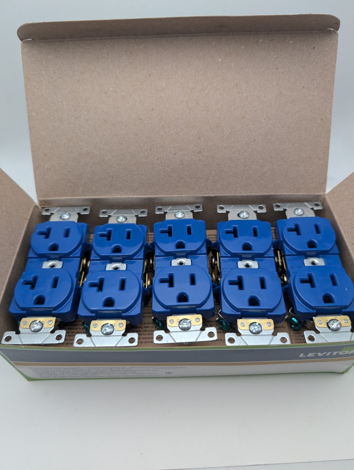 10Pk Leviton 5352-BU 20A, 125V Industrial Heavy Duty Grade, Blue Duplex Outlets
