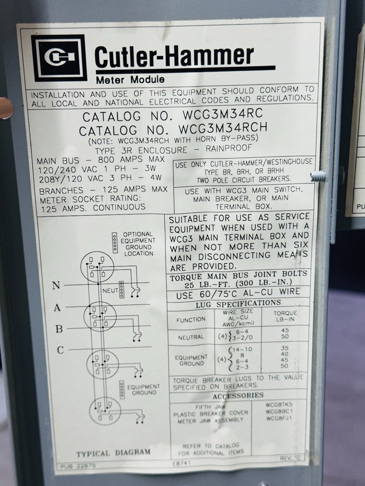 Cutler Hammer Residential Meter Stack 800A Main 4 Socket 120/240V 208Y/120VAC