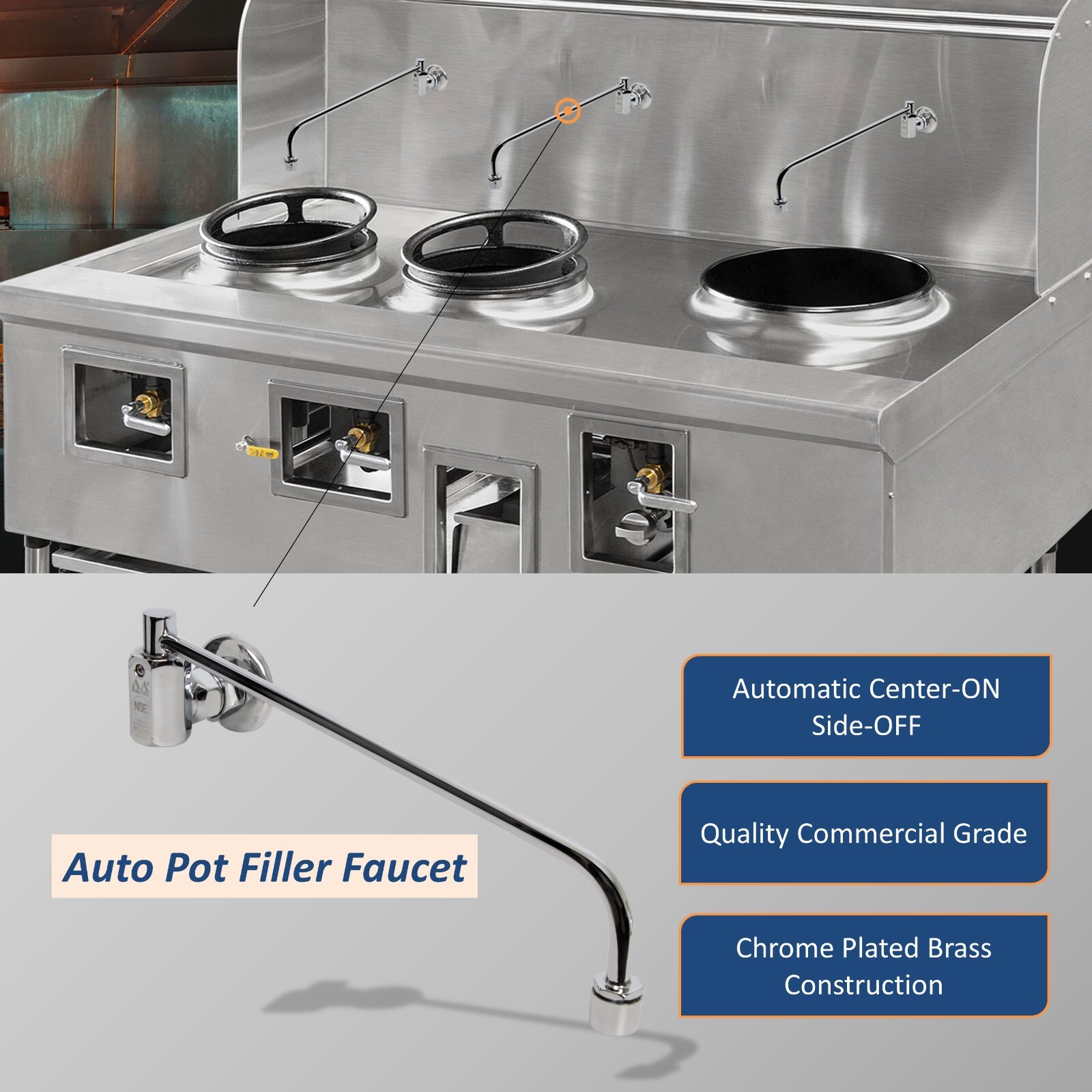 AA Faucet Wok Range Automatic No Lead Faucet 17″ Spout 3/8″ Male Inlet AA-511G