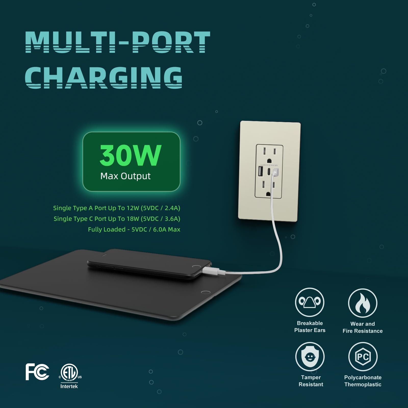 TOPELER 2 Pack USB Wall Outlet, 30W 6.0A Charging Power 15A, Light Almond