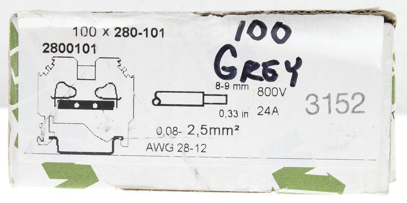 WAGO 280-101 DIN RAIL MOUNT 2-CONDUCTOR THROUGH TERMINAL BLOCK, 800V, 24A