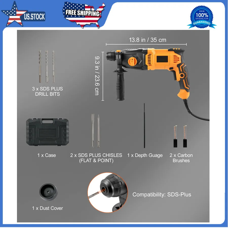 1 Inch SDS Plus Rotary Hammer Drill 8 Amp Corded Concrete Masonry Power Tool