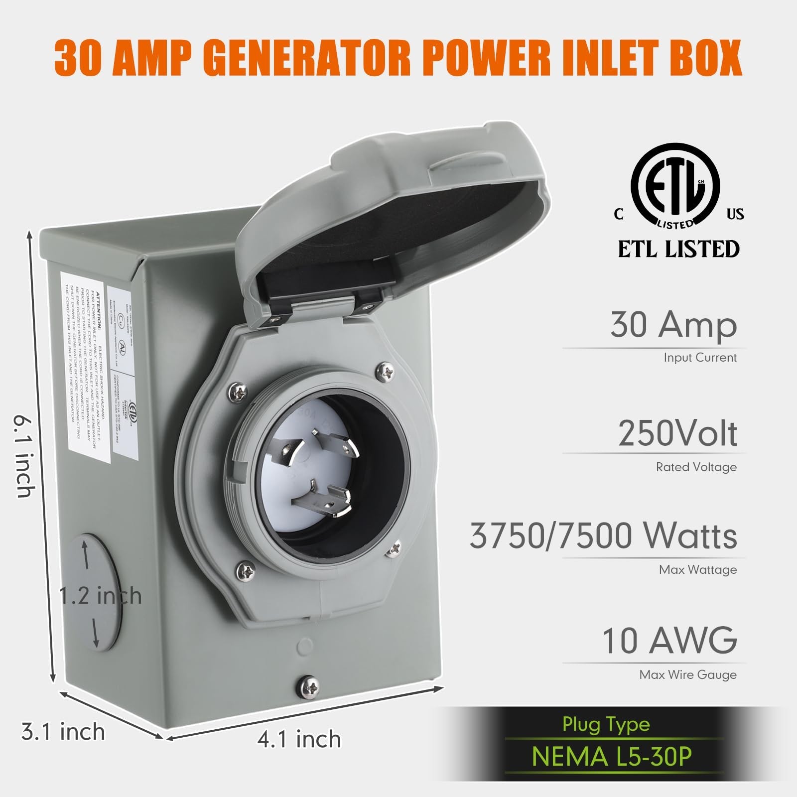 Kanayu 20FT 30 Amp RV Generator Cord And Power Inlet NEMA TT-30P L5-30R Lock