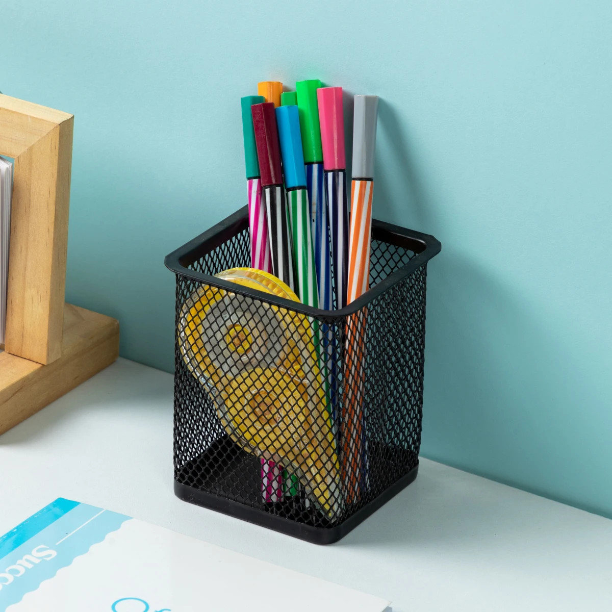 1Pcs Pencil Holder Office Desk Metal Mesh Square Round Pen Pot Cup Case