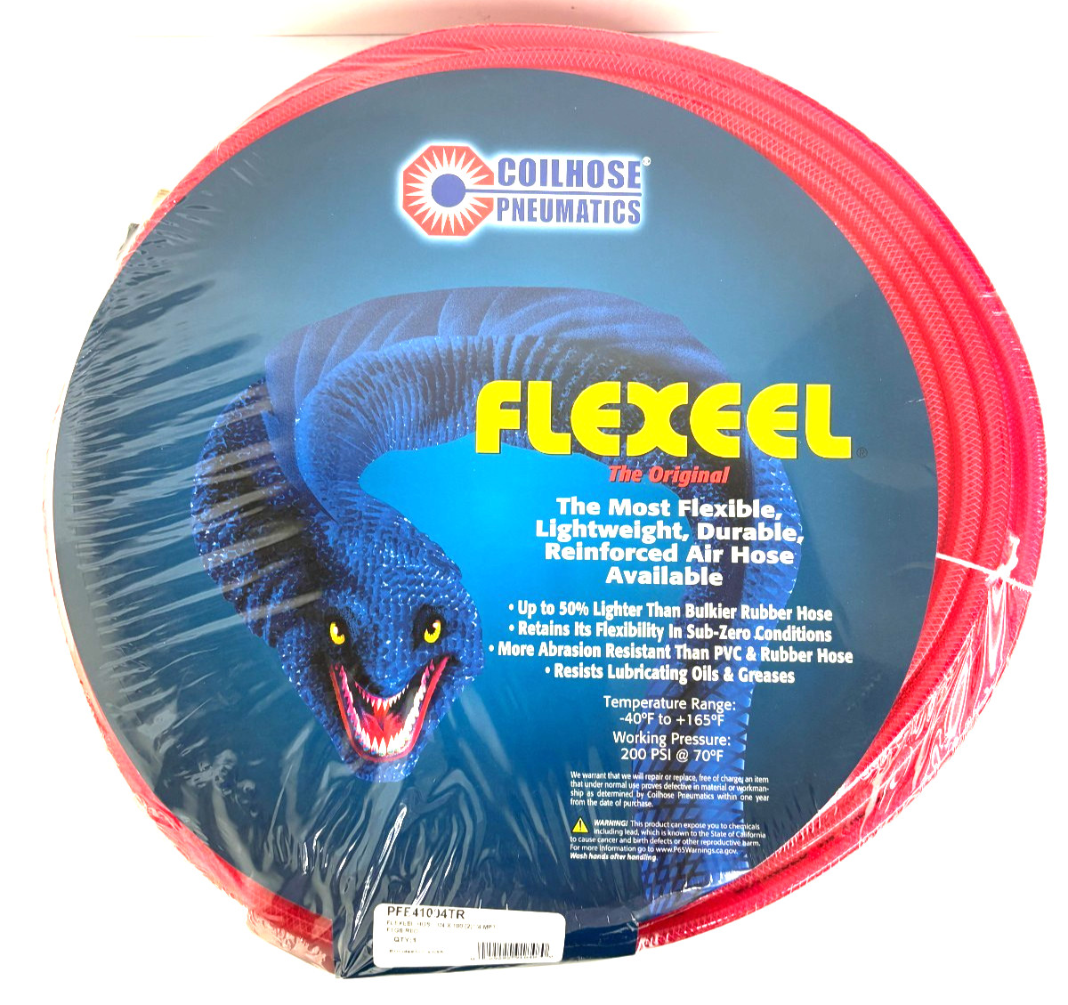 Coilhose Pneumatics PFE41004TR FLEXEEL 1/4 x 100′ Hose 1/4″ MPT Fittings Red