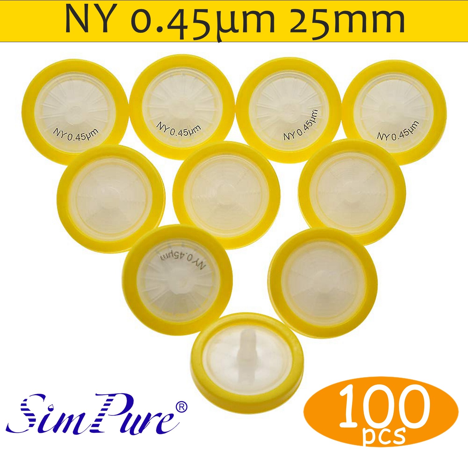 100x Lab NY Nylon Syringe Filters 25mm 0.45μm Pore Size PP Prefilter Non-Sterile