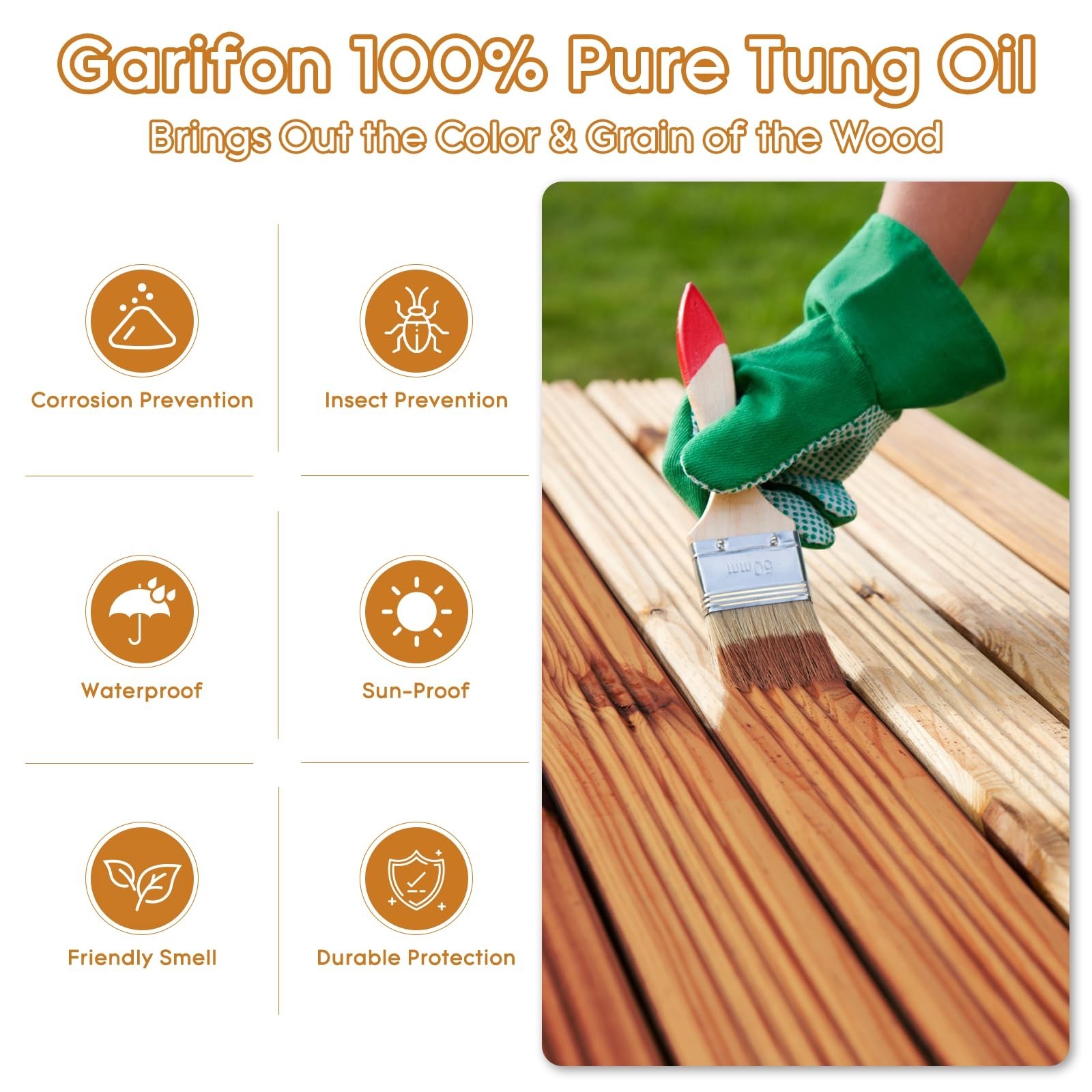 10 OZ Pure Tung Oil – Food Grade Sealer, Waterproof Finish for Wood, Furniture &