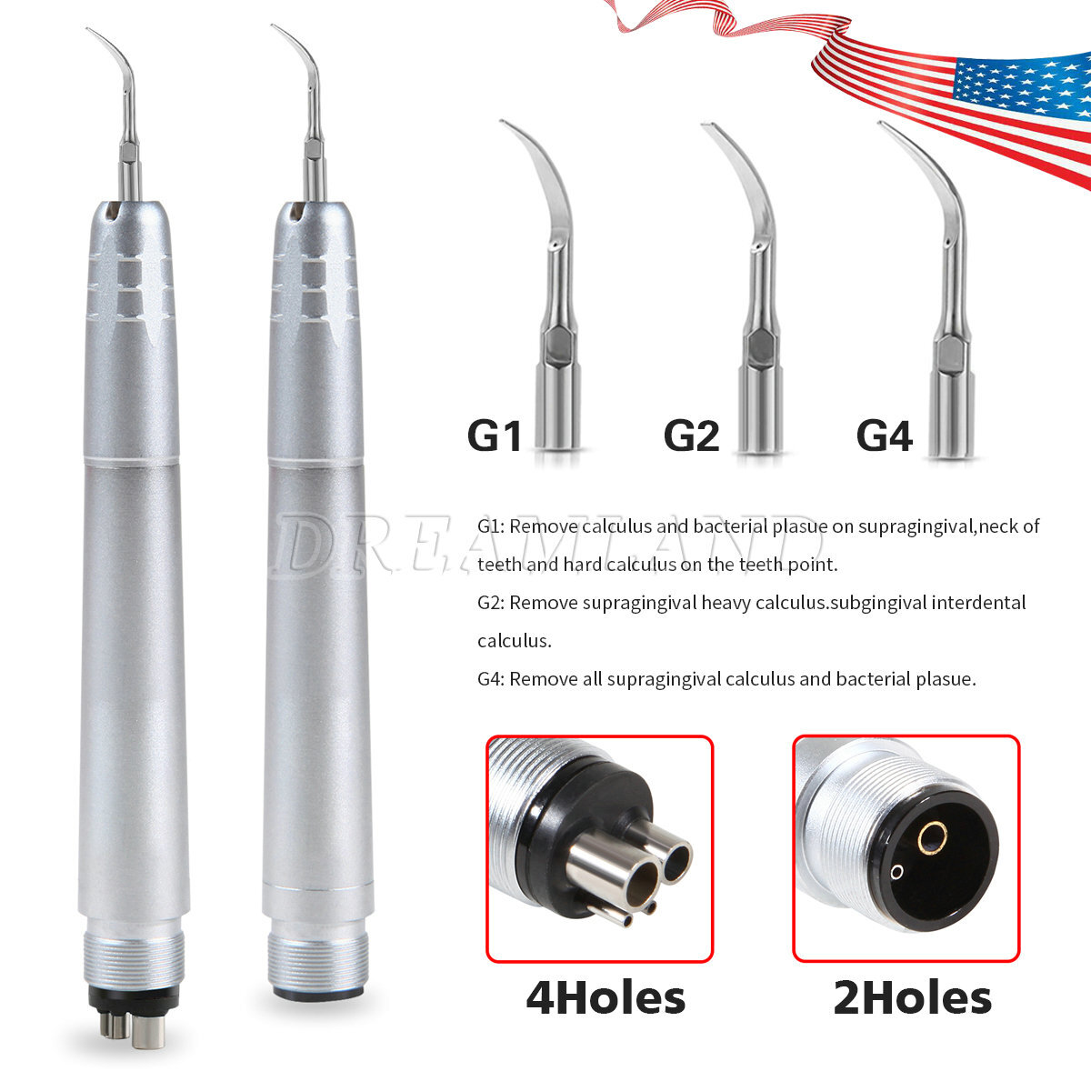 Dental Ultrasonic Air Scaler Handpiece Sonic 2/4 Hole+3 Tips Fit for NSK Scaler