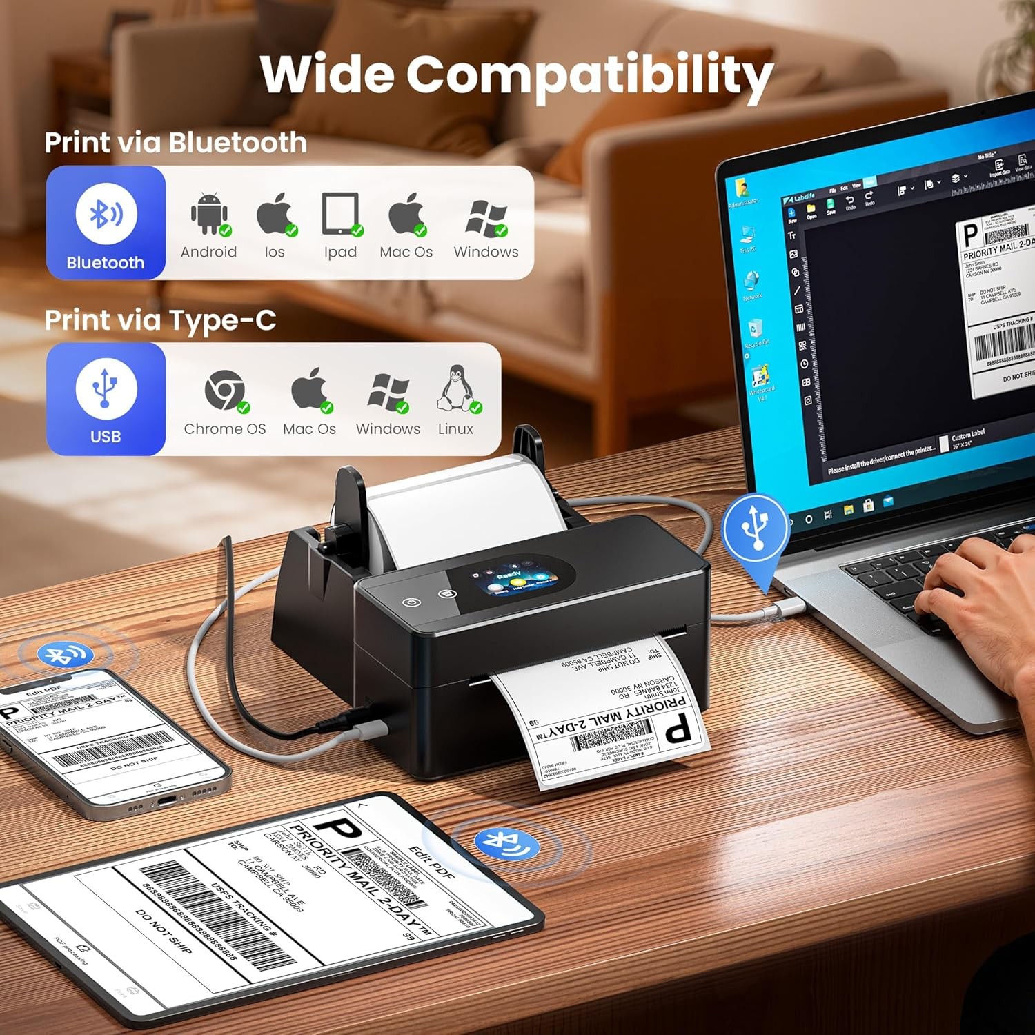 Phomemo PM64D Bluetooth 4×6 Thermal Touchscreen Shipping Label Printer for USPS