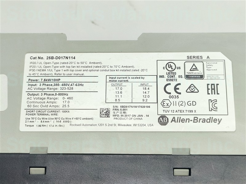 Allen-Bradley 25B-D017N114 Power Flex 525 Ser. A 7.5kW/10HP 3PH 380-480V 47-63Hz