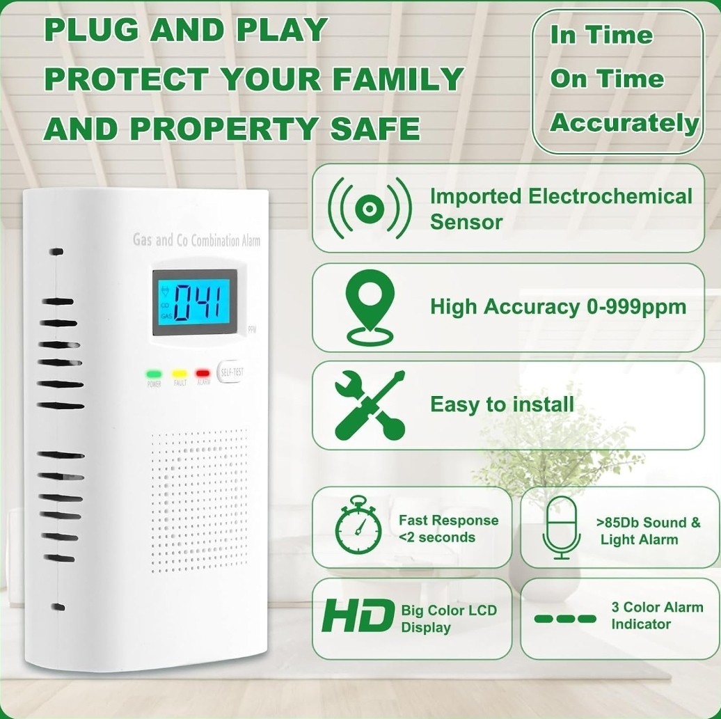 Carbon Monoxide Detector Wall Plug In CO and Natural Gas Detector 3 Pack KH522