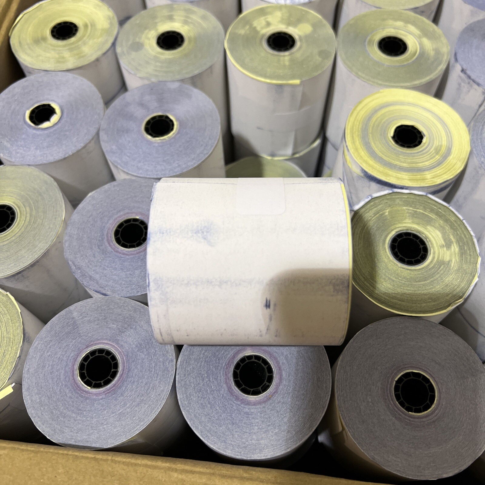 50/CS Iconex Impact Printing Carbonless Paper Rolls, 3″ x 90 ft, White/Canary