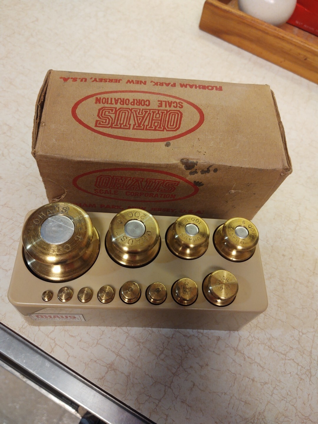 Vintage 12 Piece Ohaus Pharmaceutical Brass Calibration Weight And Plastic Case