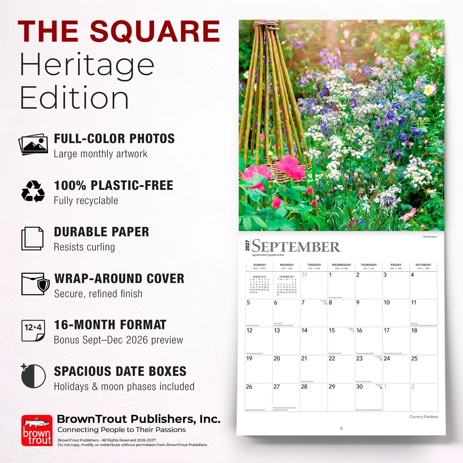 Country Gardens | 2027 12×24″ (Hanging) Square Wall Calendar | Plastic-Free