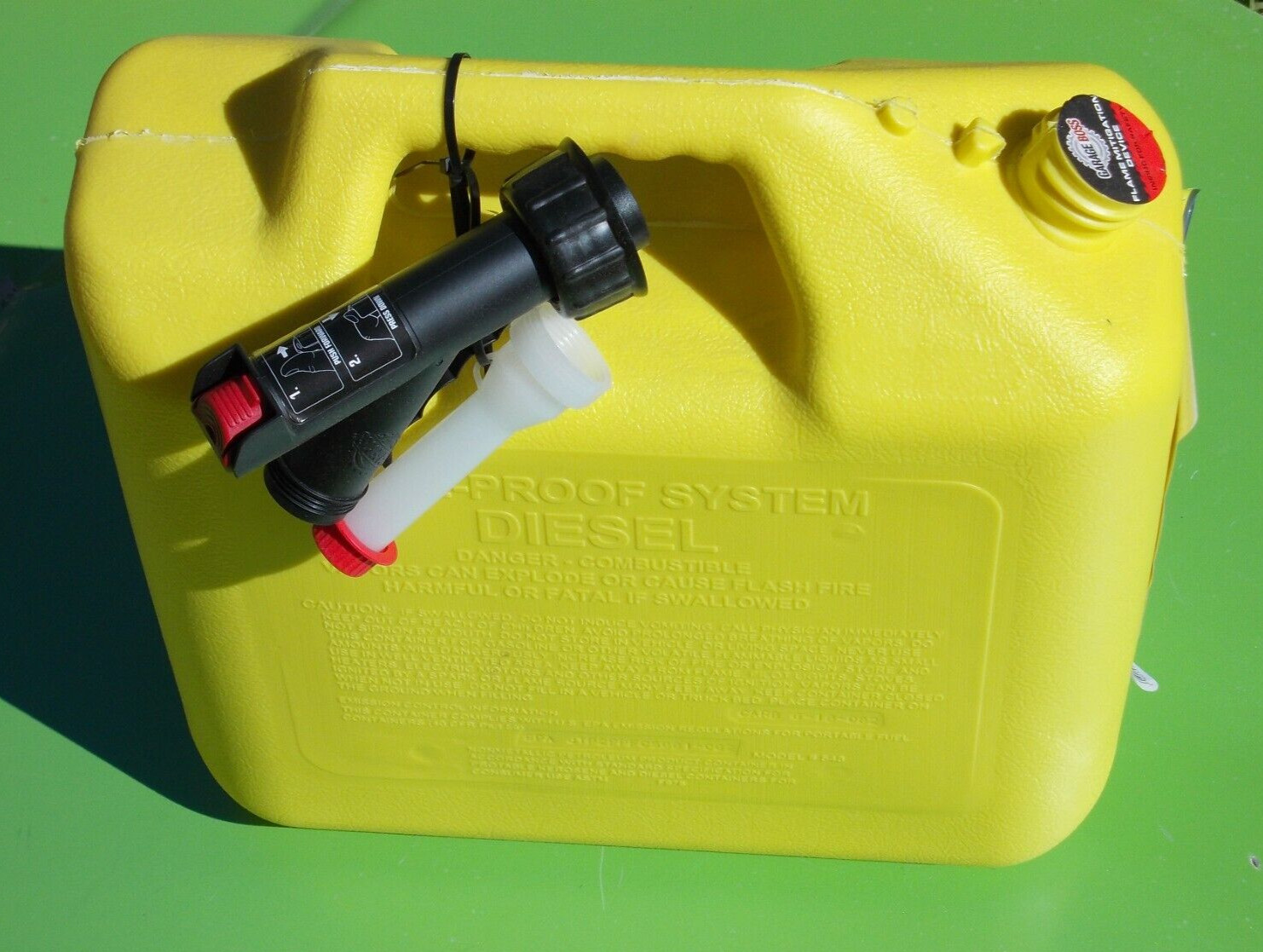 GARAGE BOSS 5 GALLON DIESEL FUEL CAN PRESS N POUR CONTROL GB356 YELLOW PLASTIC