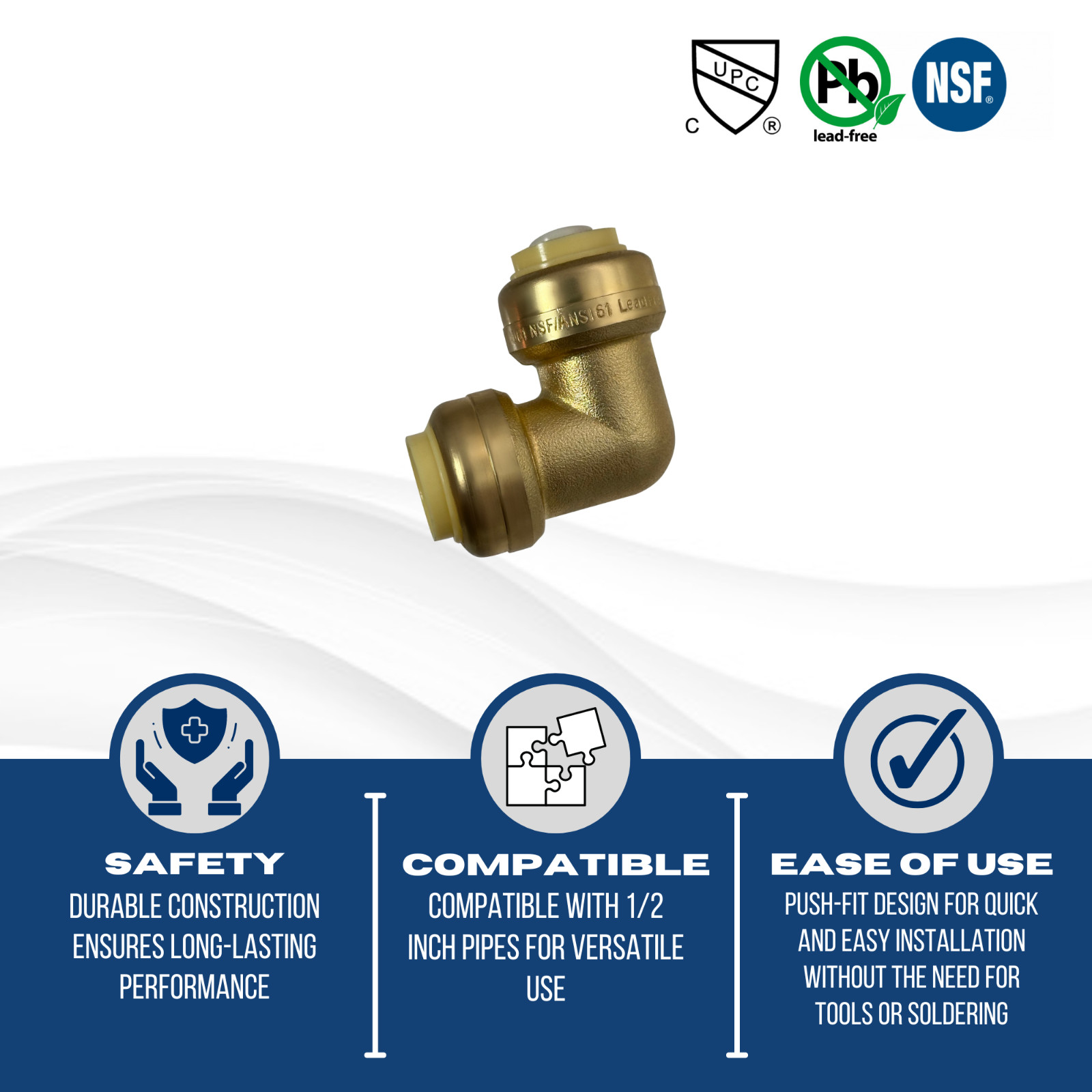 10 PIECES 1/2″ X 1/2″ PUSH FIT ELBOW FITTINGS – LEAD FREE BRASS, FULL PORT, NSF