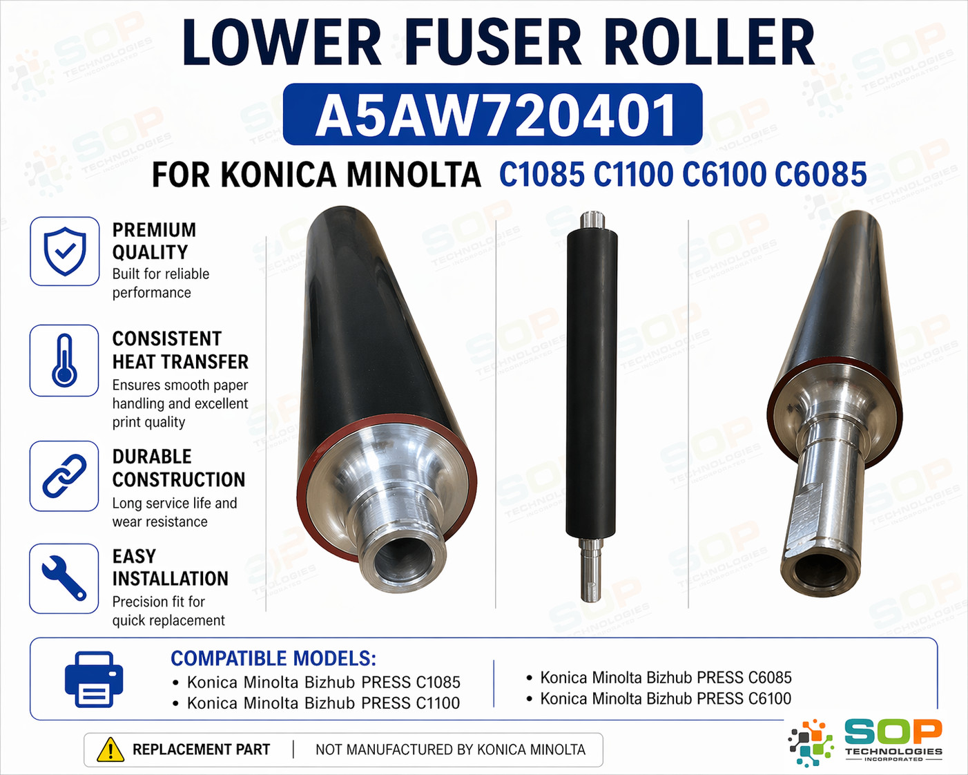 Replacement Lower Fuser Roller For Bizhub C1085 A5AW720401 C1100 C6100 C6085