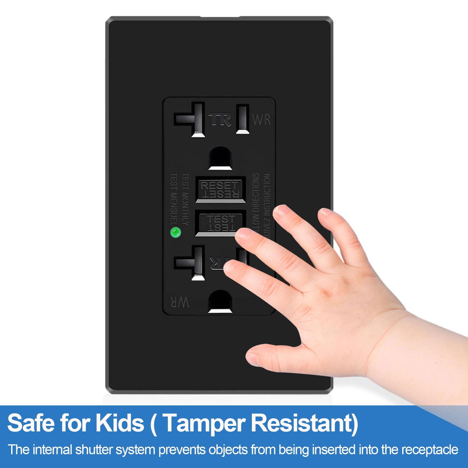 15 Amp GFI GFCI Outlet LED Indicator Tamper-Resistant Outside Receptacles Black