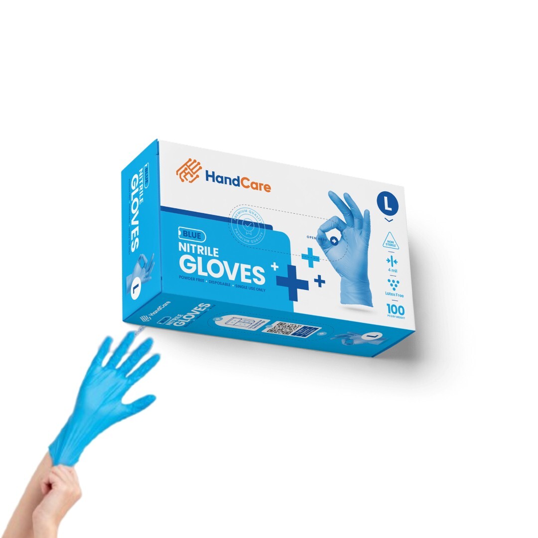 HandCare Blue Nitrile Gloves – Exam Grade, Powder Free (4 Mil), 100 Gloves 1 Box