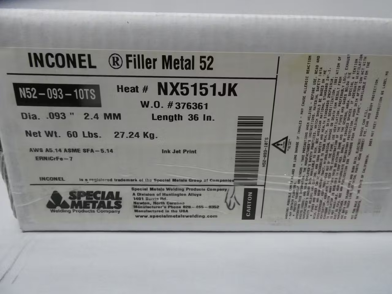 Special Metals N52-093-10TS Electrode 0.093in 36in 60lb Filler Metal 12