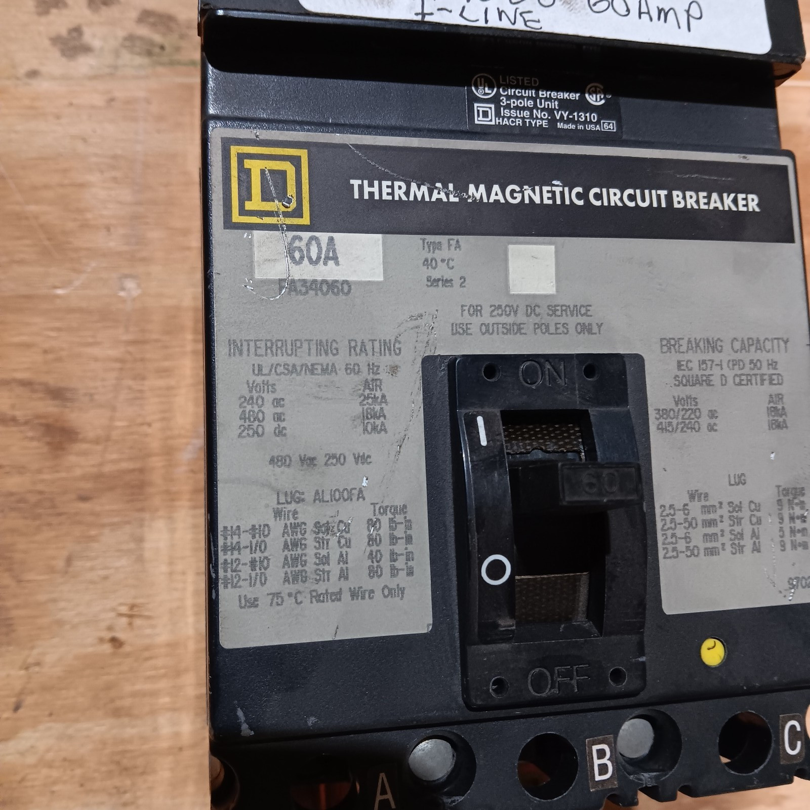 Square D FA34060 60Amp 3Pole 18kA@480VAC I-Line Breaker Excellant condition.