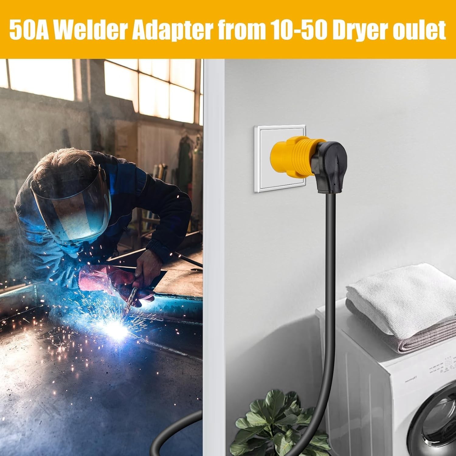 NEMA 10-50P to 6-50R Welder Adaper Plug, 50Amp 240V 3 Prong 3 Yellow