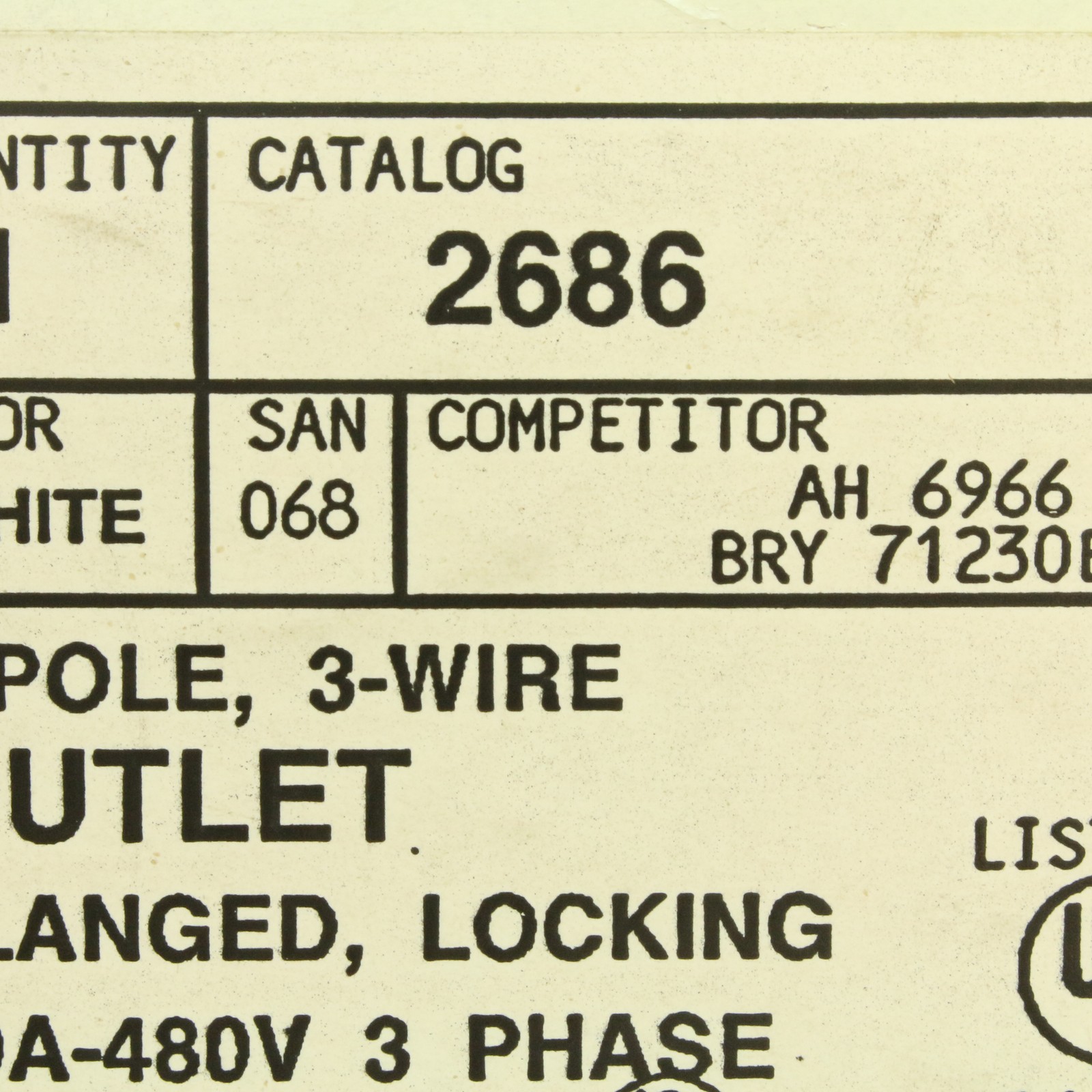 Leviton Twist Turn Locking Flanged Outlet Receptacle L12-30R 30A 480V 3� 2686