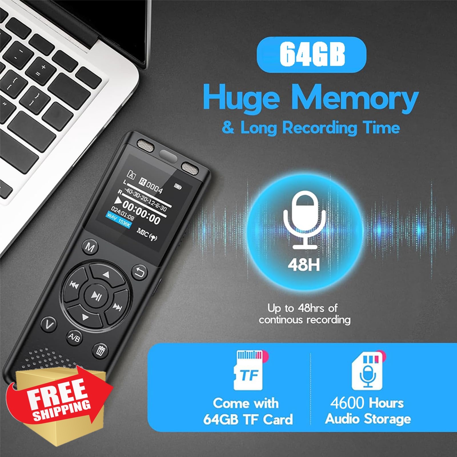 Tonfarb 64GB Digital Voice Recorder MP3 Player