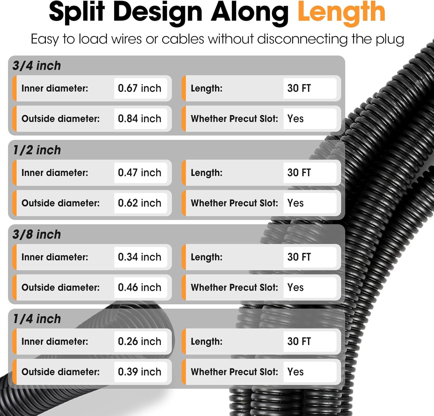 Wire Loom 1/4″, 3/8″, 1/2″, 3/4 Inch X 30 FT, Split Wire Loom Tubing Wire Condui