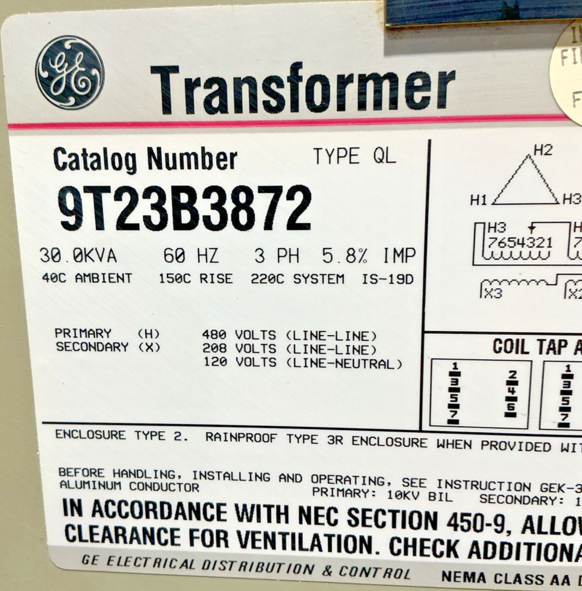 GE 30kVA 480V Transformer 3PH 60HZ 208Y/120V 9T23B3872 🟦