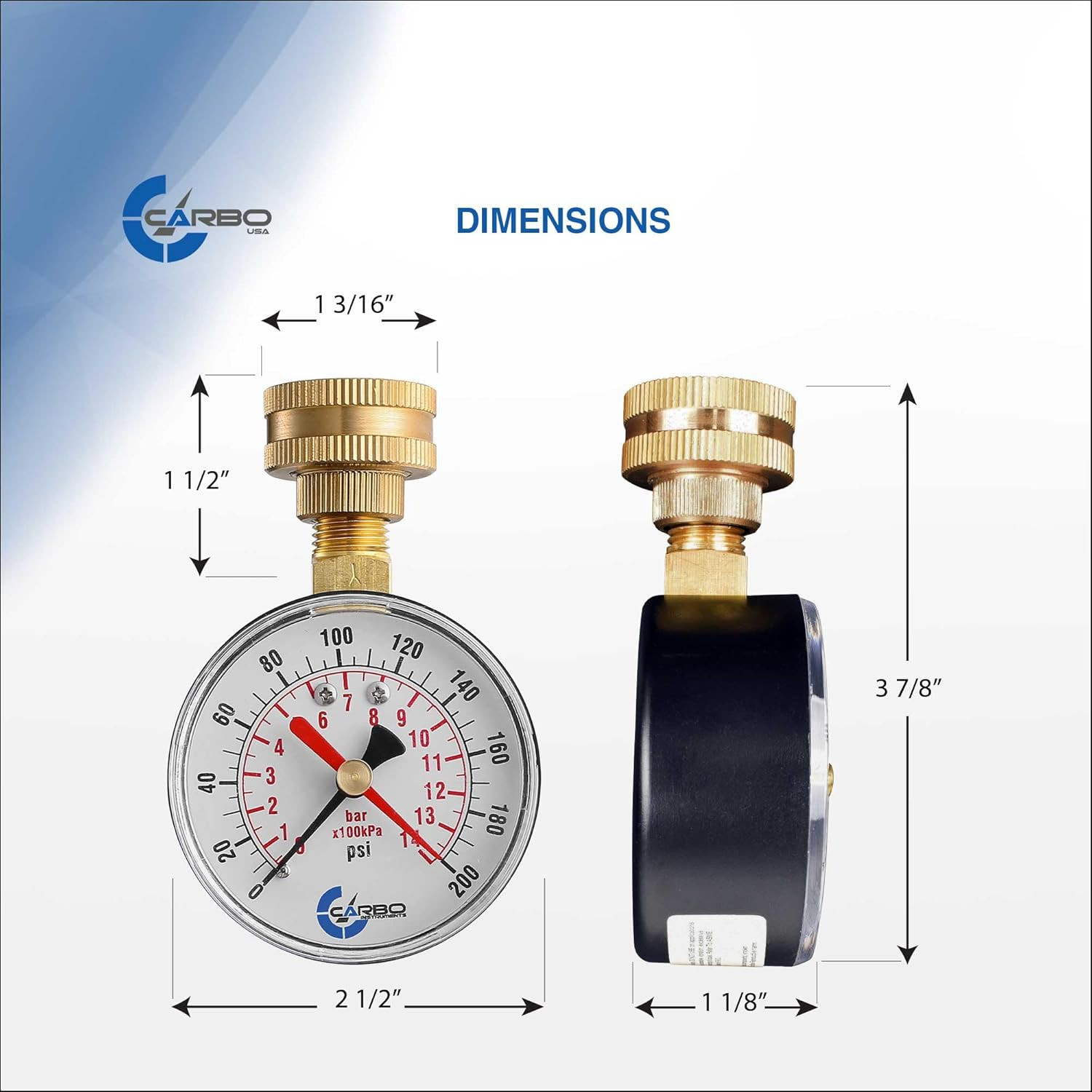 2-1/2″ Water Pressure Test Gauge, 0-200 PSI, Red Max Pointer, 3/4″ Female Hose