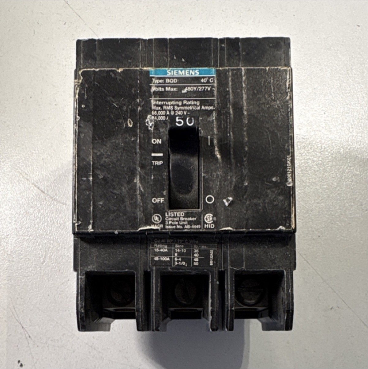 Siemens BQD350 3-Pole 50A Branch Circuit Breaker, 480Y/277V, AC, HID
