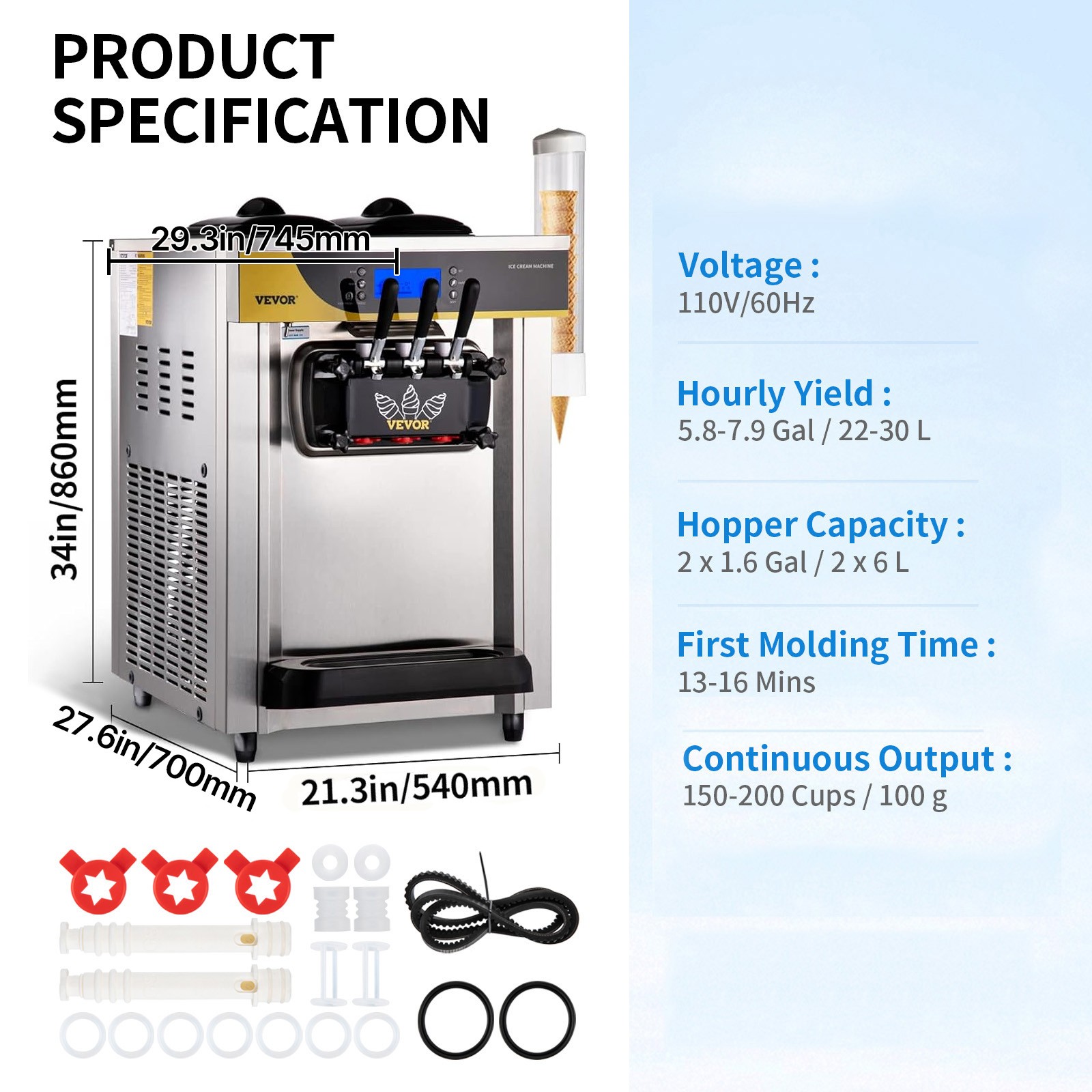 VEVOR Countertop Soft Serve Ice Cream Maker 22-30L/H 2200W Frozen Yogurt Machine